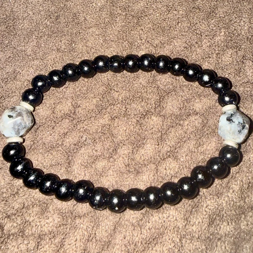 Black Beaded Bracelet With Natural Stone Accent Beads Minimalist Stack